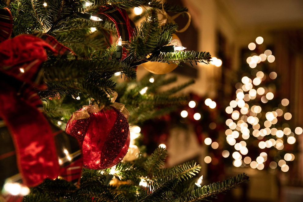 Closeup of a decorated Christmas tree with another decorated tree in the background.
