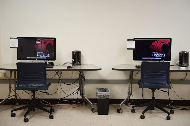 Two computers in the library.