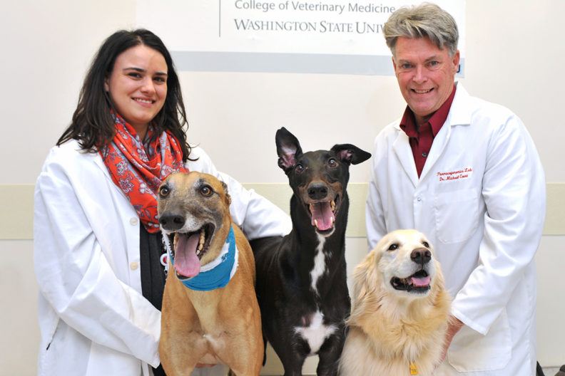 Researchers Stephanie Martinez and Michael Court pose with their dogs.