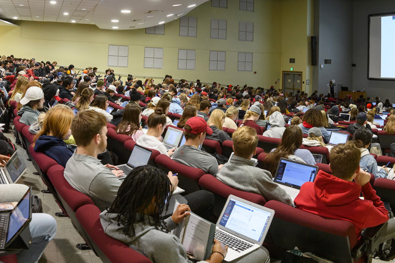 Students sitting in a classroom.