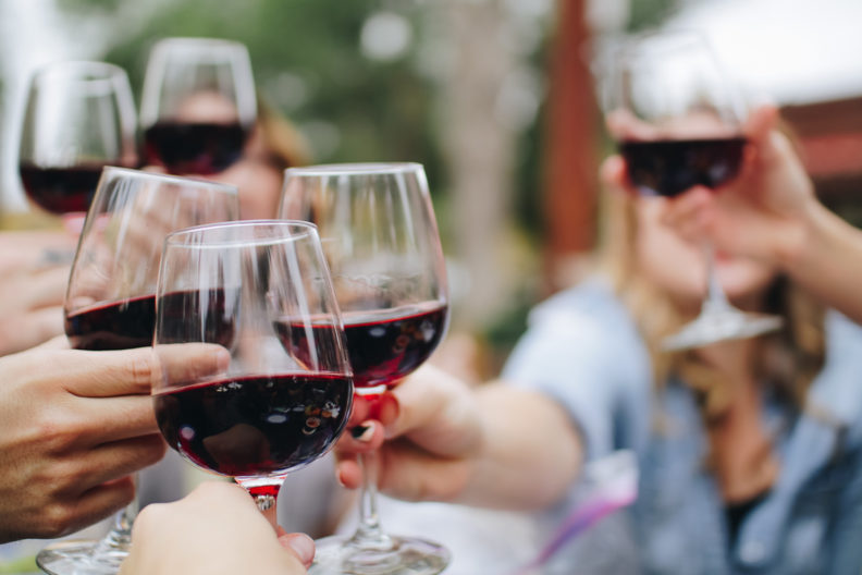 A group of people toast each other with wine