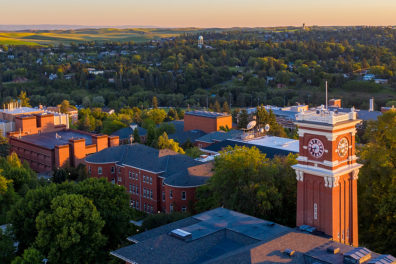 Aerial view of the WSU campus and Pullman in the background.