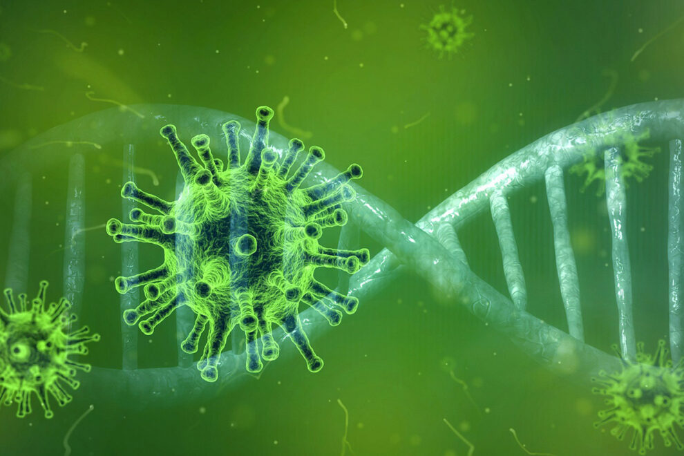 Illustration of coronavirus spike ball in front of double helix