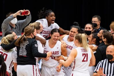 WSU women's basketball celebrating win