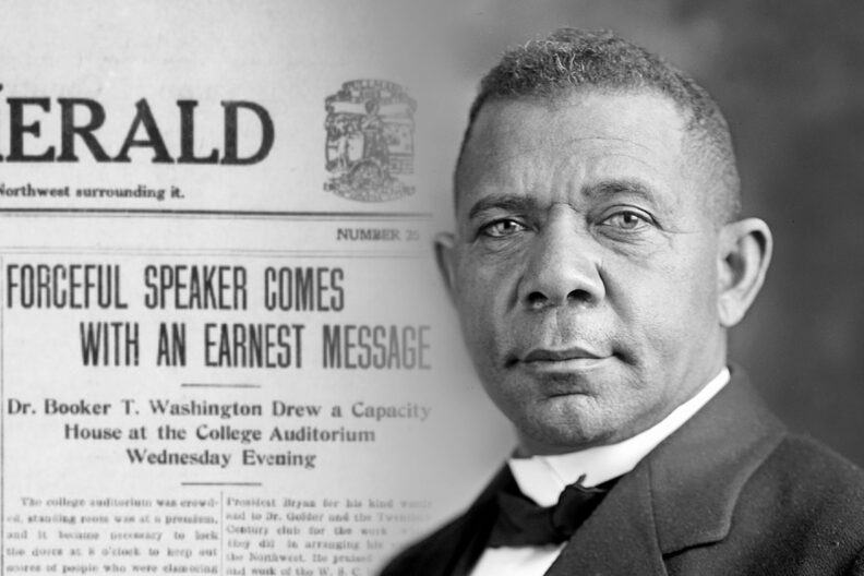 Closeups of Booker T. Washington and a 1913 issue of the Pullman Herald that covered his visit.