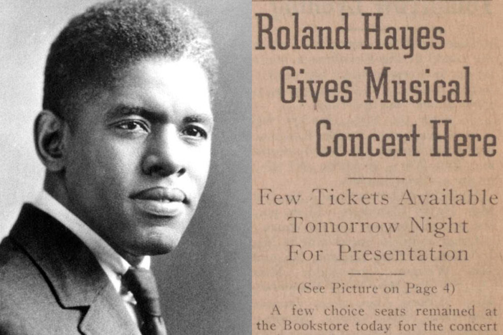 Closeup of Roland Hayes and portion of a Daily Evergreen article covering his upcoming concert.
