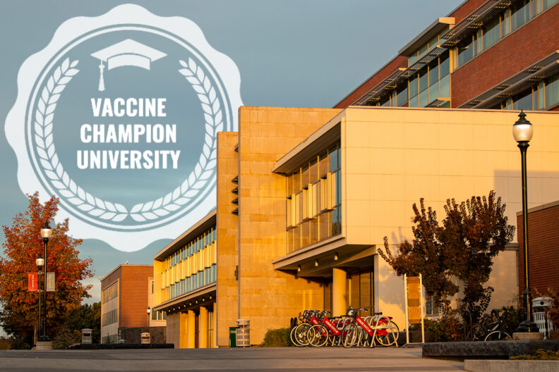 Vaccine Champion University logo with image of the WSU Pullman campus.