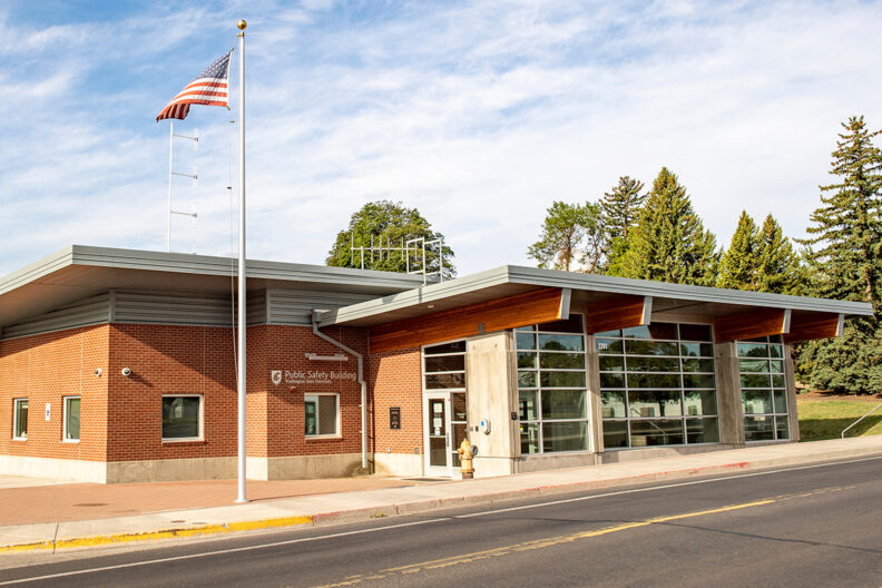 Exterior view of the WSU Pullman Public Safety Building from across the street.