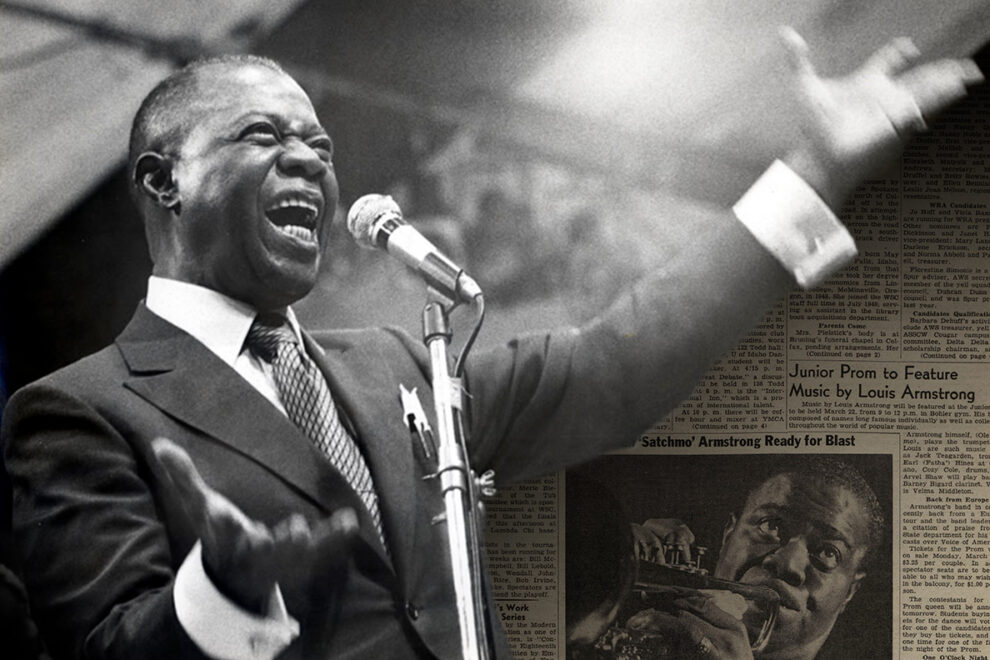 Closeups of Louis Armstrong and an issue of the Daily Evergreen promoting his upcoming performance for the Junior Prom.