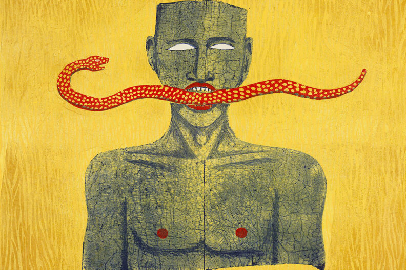 A closeup of the painting Snake Man by Alison Saar.