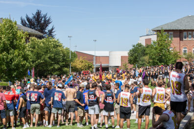 Fraternity members participate in bid day.