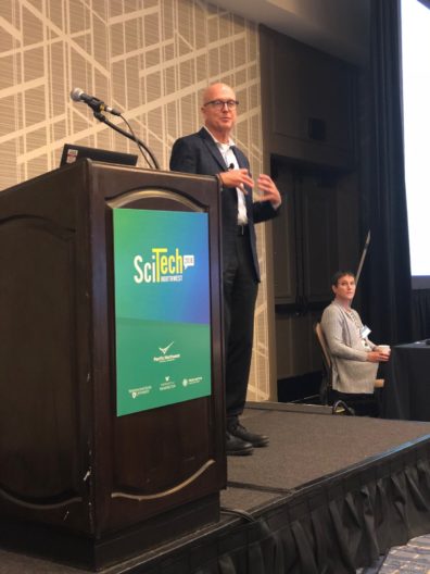 Steve Davis, President and CEO of Path, gave the keynote speech during SciTech NW 2018. Lauding the innovation in diagnostics being shown and demonstrated by researchers from WSU, UW, PNNL, and Fred Hutch.