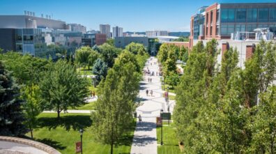 Aerial view of WSU Spokane campus sidewalk with people