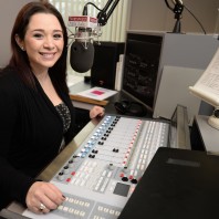 Janelle Mendoza (’14; ’15) records programming announcements in the studio of Northwest Public Radio on the campus of Washington State University in Pullman.