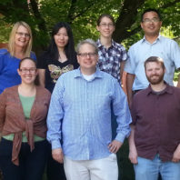 (front, l to r) Alyssa Hensley, Dr. Jean-Sabin McEwen, and Greg Collinge; (back, l to r) Kathy Helling, Fanglin Che, Ilka Vincon, Renqin Zhang