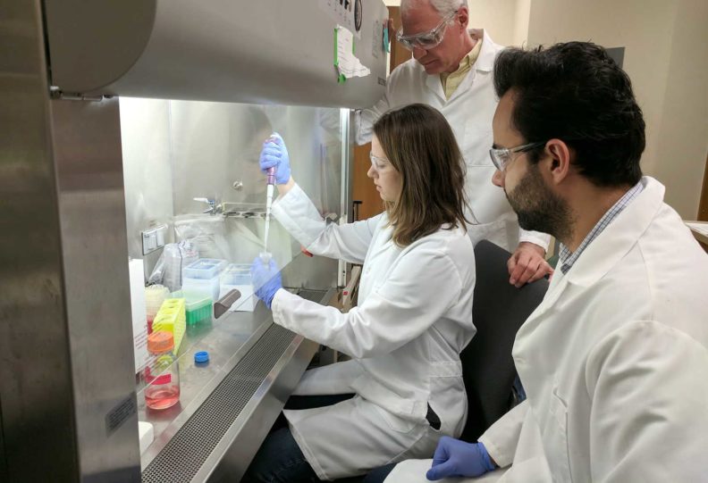 Dr. Van Wie with his students working in the lab - student pipeting