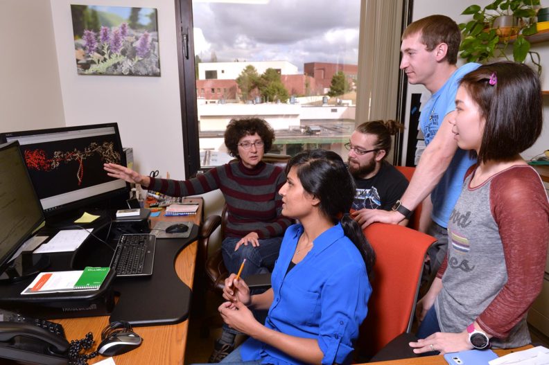 Alla Kostyukova with her students looking at a figure on a computer monitor